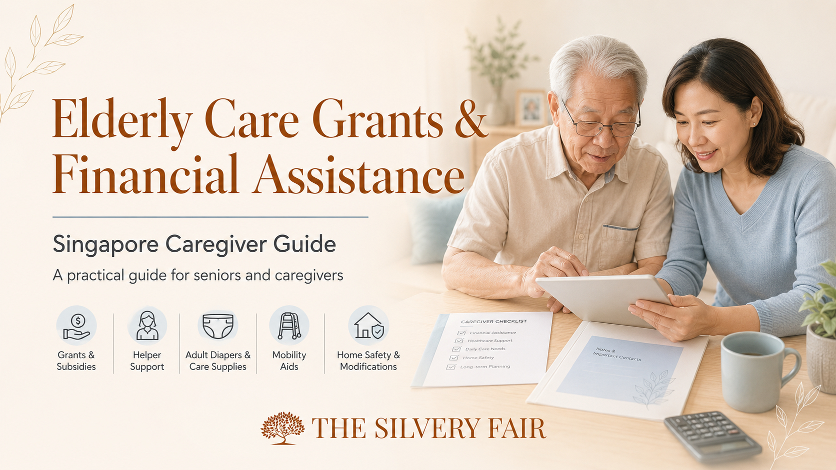Elderly father and caregiver reviewing financial assistance options at home, with support for grants, helper care, adult diapers, mobility aids and home safety in Singapore.