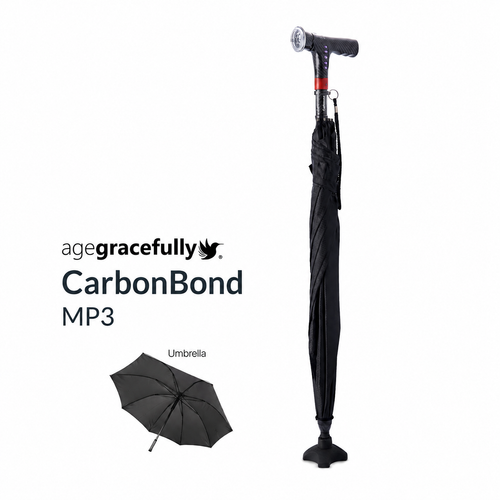 Agegracefully CarbonBond MP3 Smart Walking Stock Hero image with umbrella