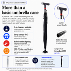 Agegracefully CarbonBond MP3 walking stick and umbrella with MP3 handle, featuring text on features and benefits.