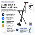 Chairplus Essential walking cane with built-in seat and safety features on a white background