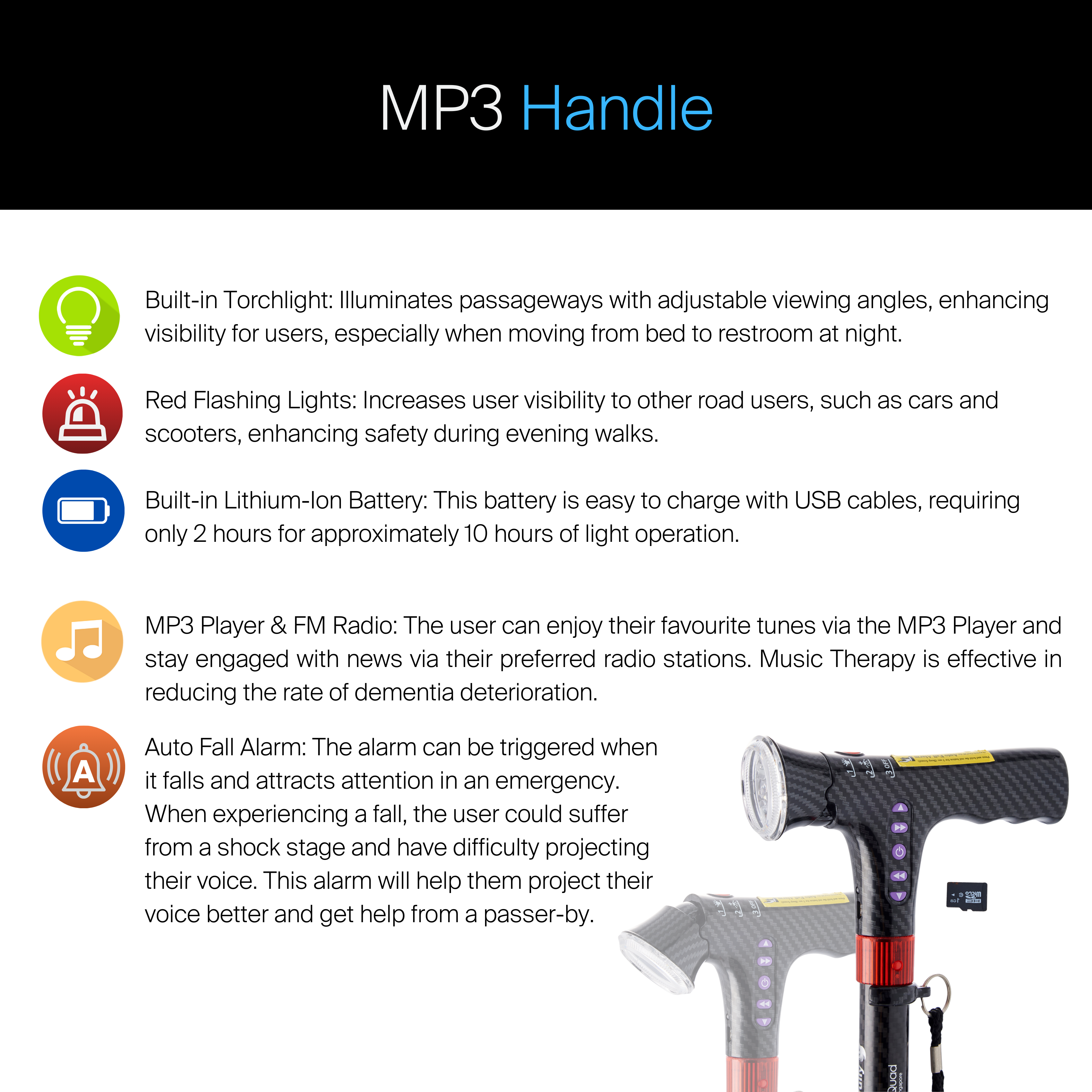 Agegracefully MP3 Handle Features for Smart Walking Stick Singapore