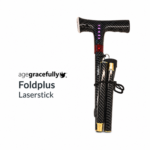Agegracefully Foldplus LaserStick WS25L cane shown folded with its carrying strap and pouch, alongside the brand text on a plain white background.