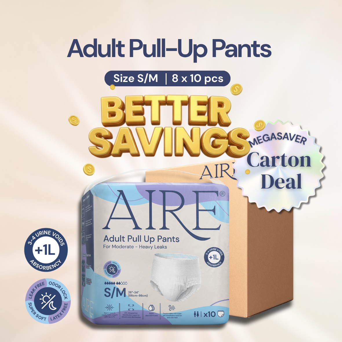 Aire Adult Pull Up Pants Diapers Carton Deal Size S/M 8x10 pieces