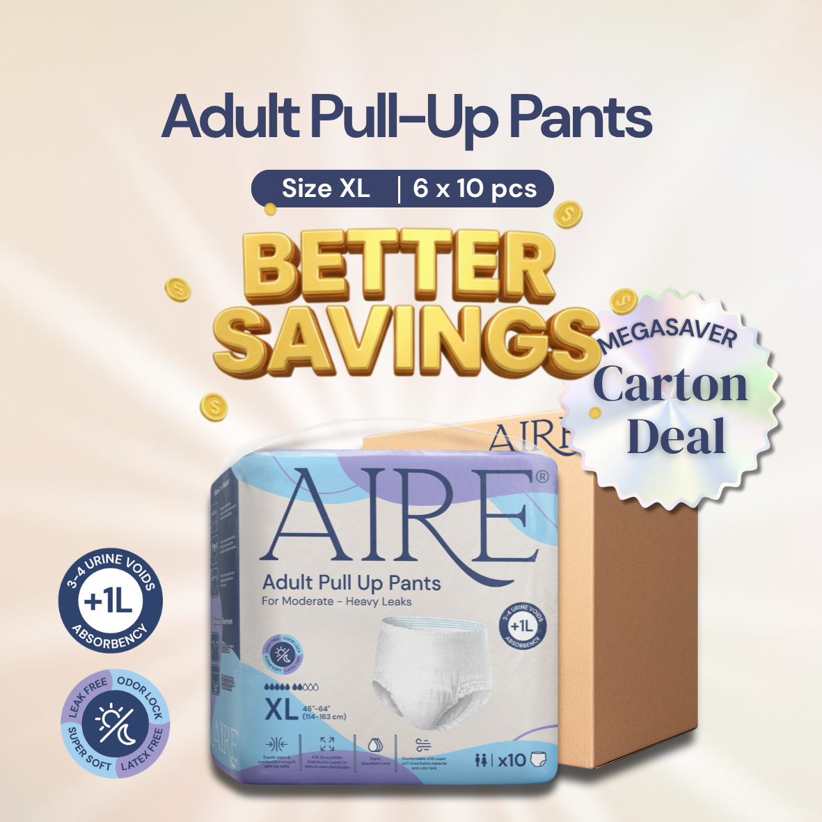 Aire Adult Pull Up Pants Diapers Carton Deal Size XL 6x10 pieces
