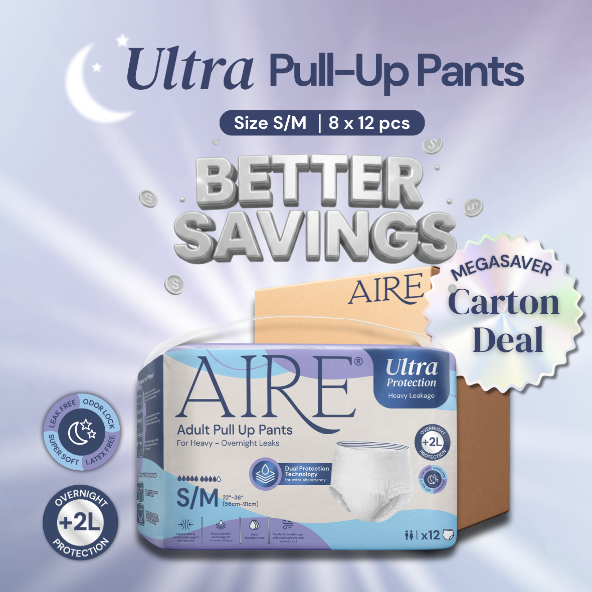 Aire Ultra Adult Pull Up Pants Diapers Carton Deal Size S/M 8x12 pieces