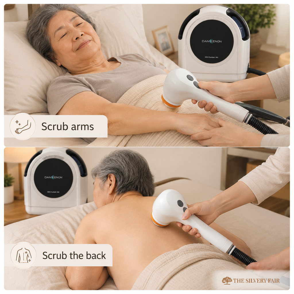 Woman receiving a arm and back scrub and cleaning treatment using a the Daneenon Portable Bathing Machine Flexbath 360  in a home setting.