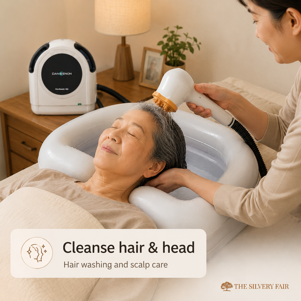 Woman receiving a hair and head wash and scrub treatment using a the Daneenon Portable Bathing Machine Flexbath 360  in a home setting.