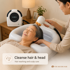 Woman receiving a hair and head wash and scrub treatment using a the Daneenon Portable Bathing Machine Flexbath 360  in a home setting.