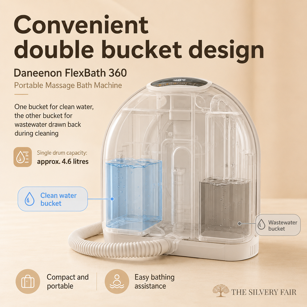 Daneenon FlexBath 360 portable massage bath machine with double bucket design on a beige background.
