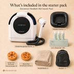 Daneenon FlexBath 360 Starter Pack with various items flay lay on a beige background