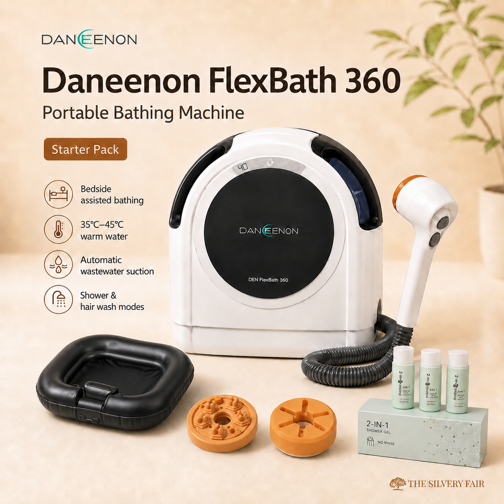 Daneenon FlexBath 360 portable bathing machine with accessories on a beige background by The Silvery Fair Singapore