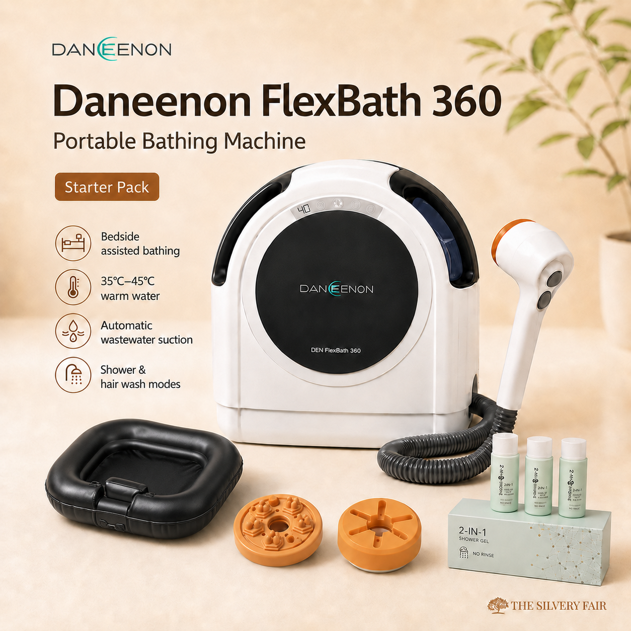 Daneenon FlexBath 360 portable bathing machine with accessories on a beige background by The Silvery Fair Singapore