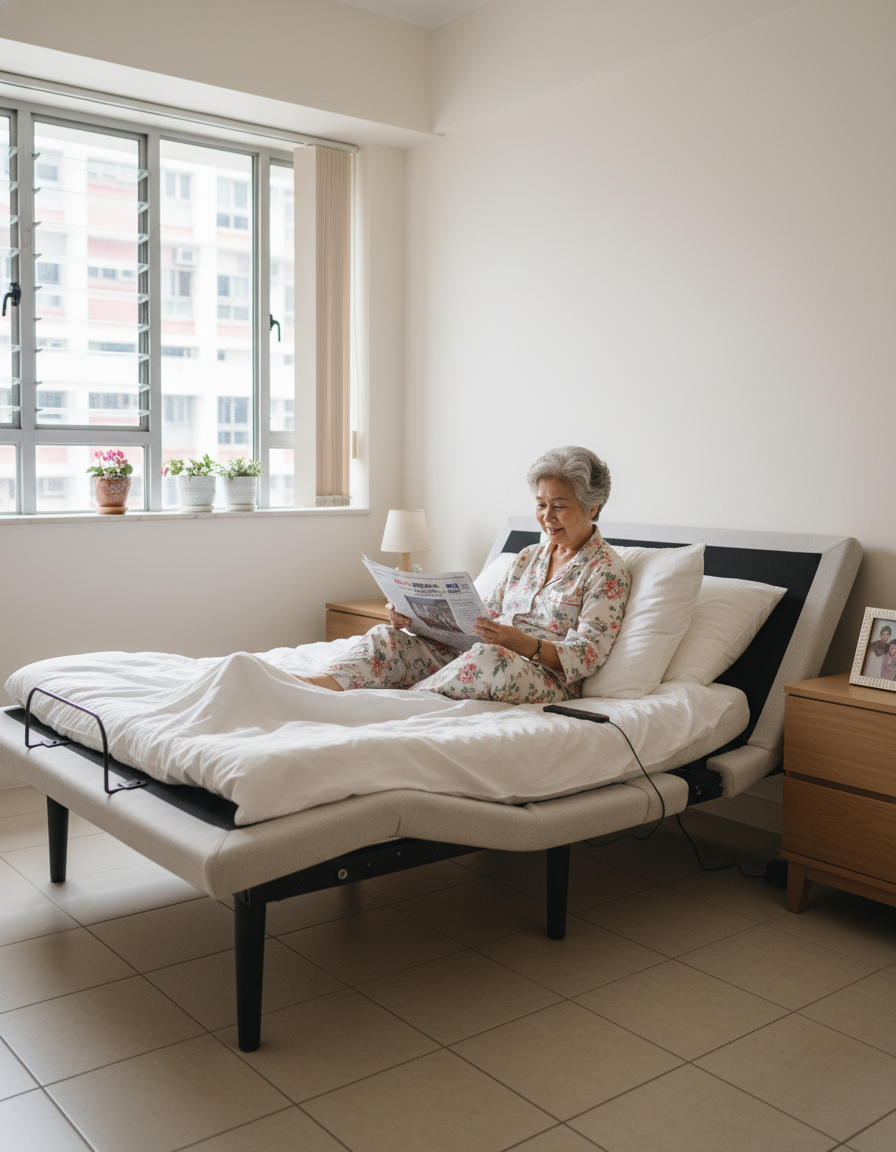Singapore elderly woman reading a newspaper on a GoodKnight adjustable bed in a HDB bedroom.