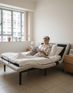 Singapore elderly woman reading a newspaper on a GoodKnight adjustable bed in a HDB bedroom.