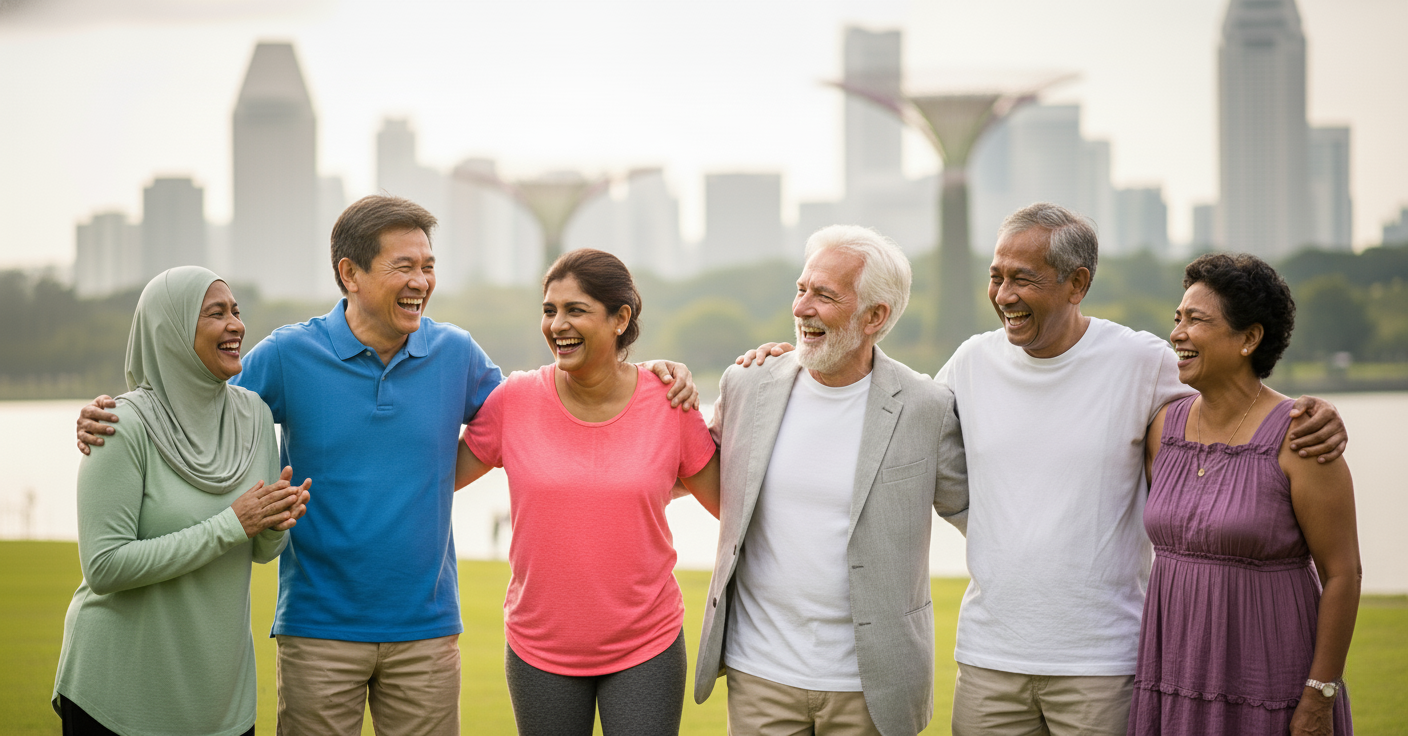 Group of six seniors and elderly standing together with Singapore city skyline in the background