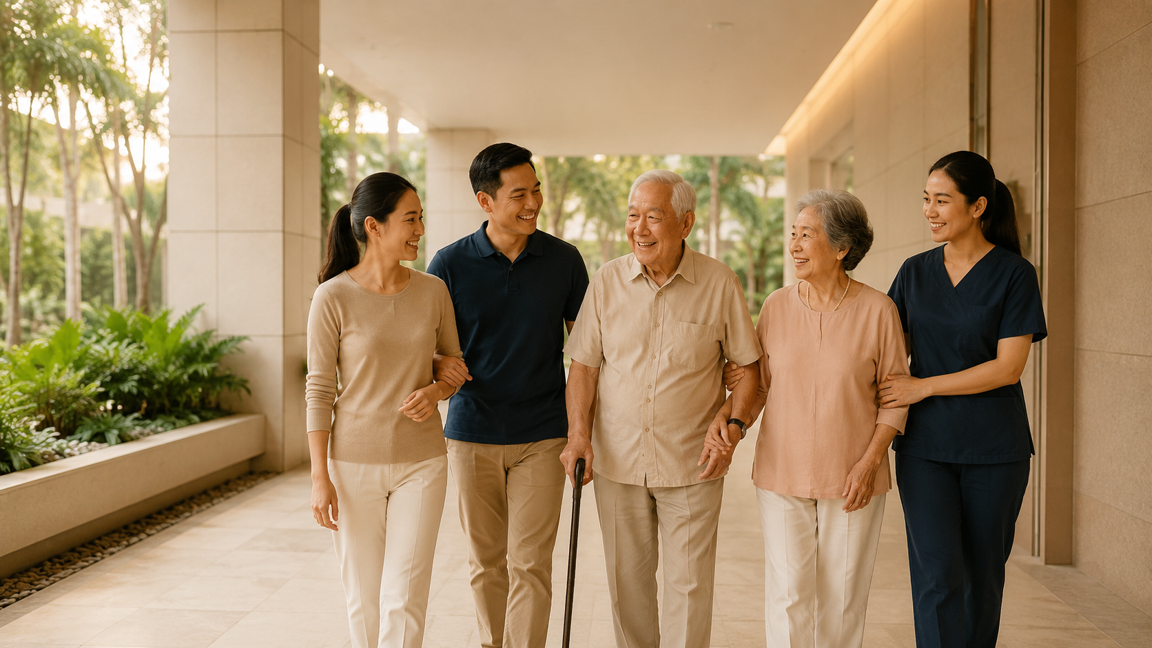 Singaporean seniors walking happily with family caregivers and a healthcare professional in a bright, welcoming corridor