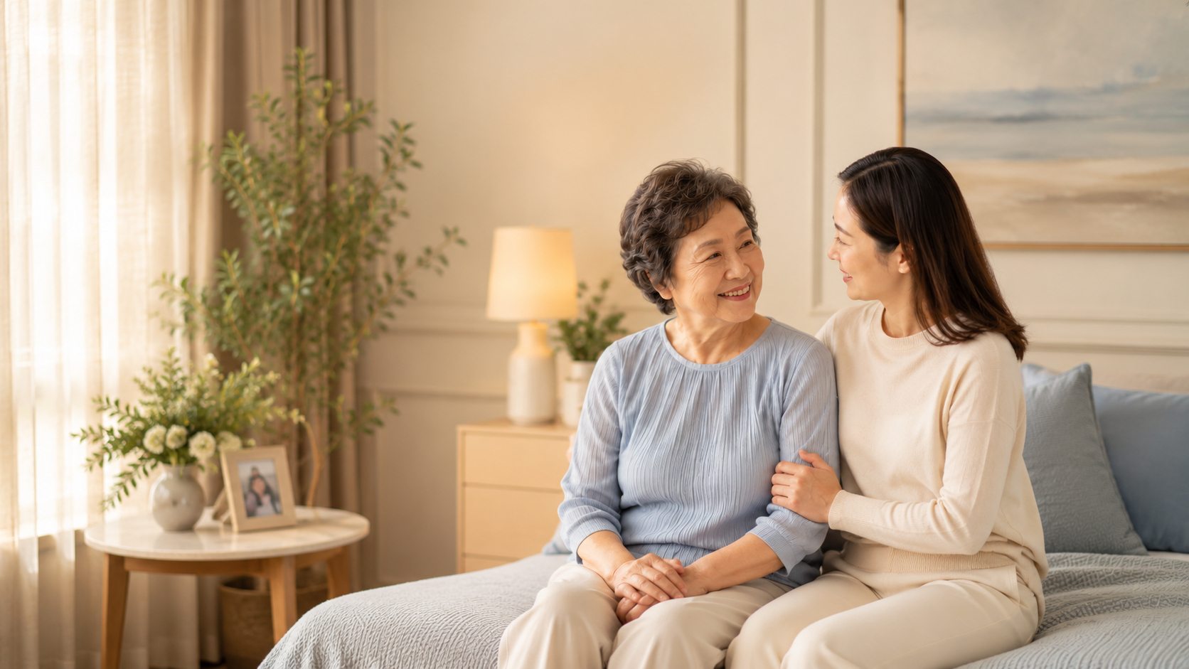 Daughter reassuring her elderly mother at home while discussing comfortable incontinence care