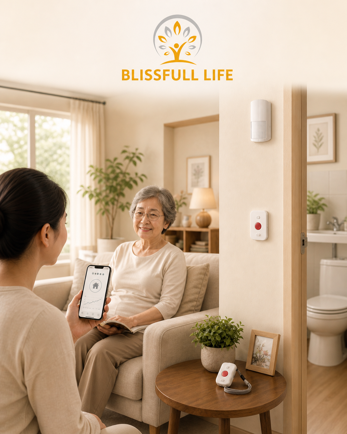 Blissfull Life brand spotlight image showing an elderly woman at home with her daughter, a wearable panic button, wall-mounted alert button, and motion sensor for home inactivity monitoring.