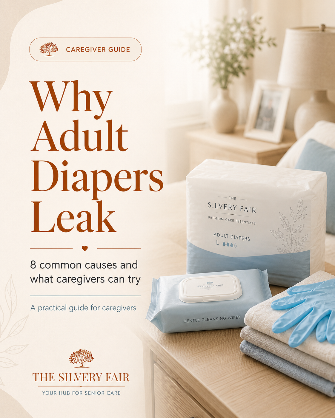 A caregiver guide cover titled 'Why Adult Diapers Leak' with text on the left and a styled photo of adult diapers, a wet wipe packet, folded towels, and blue gloves on a bedside table on the right. Visible brand: The Silvery Fair.