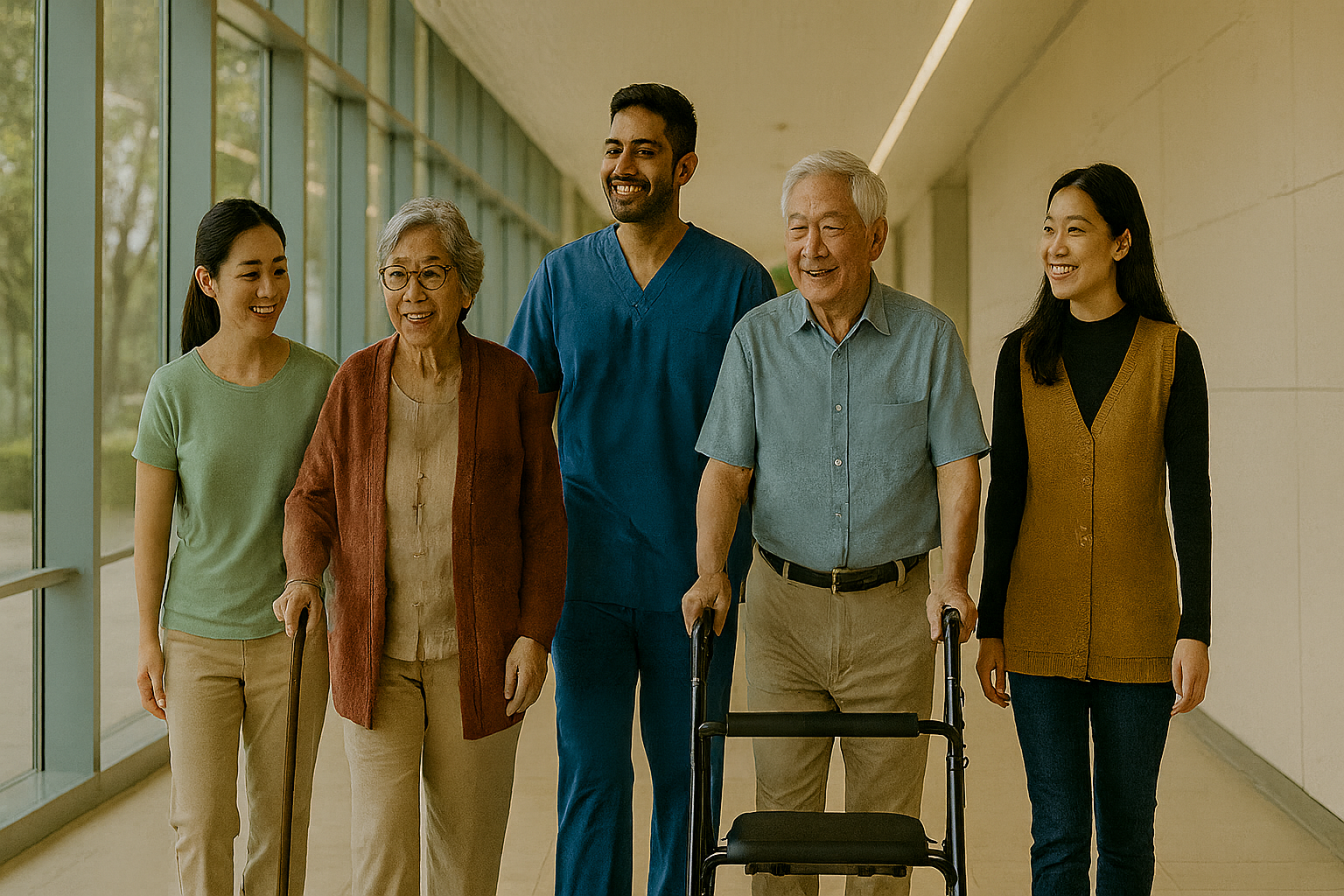 The Silvery Fair Staff Walking with Elderly in Singapore Corridor