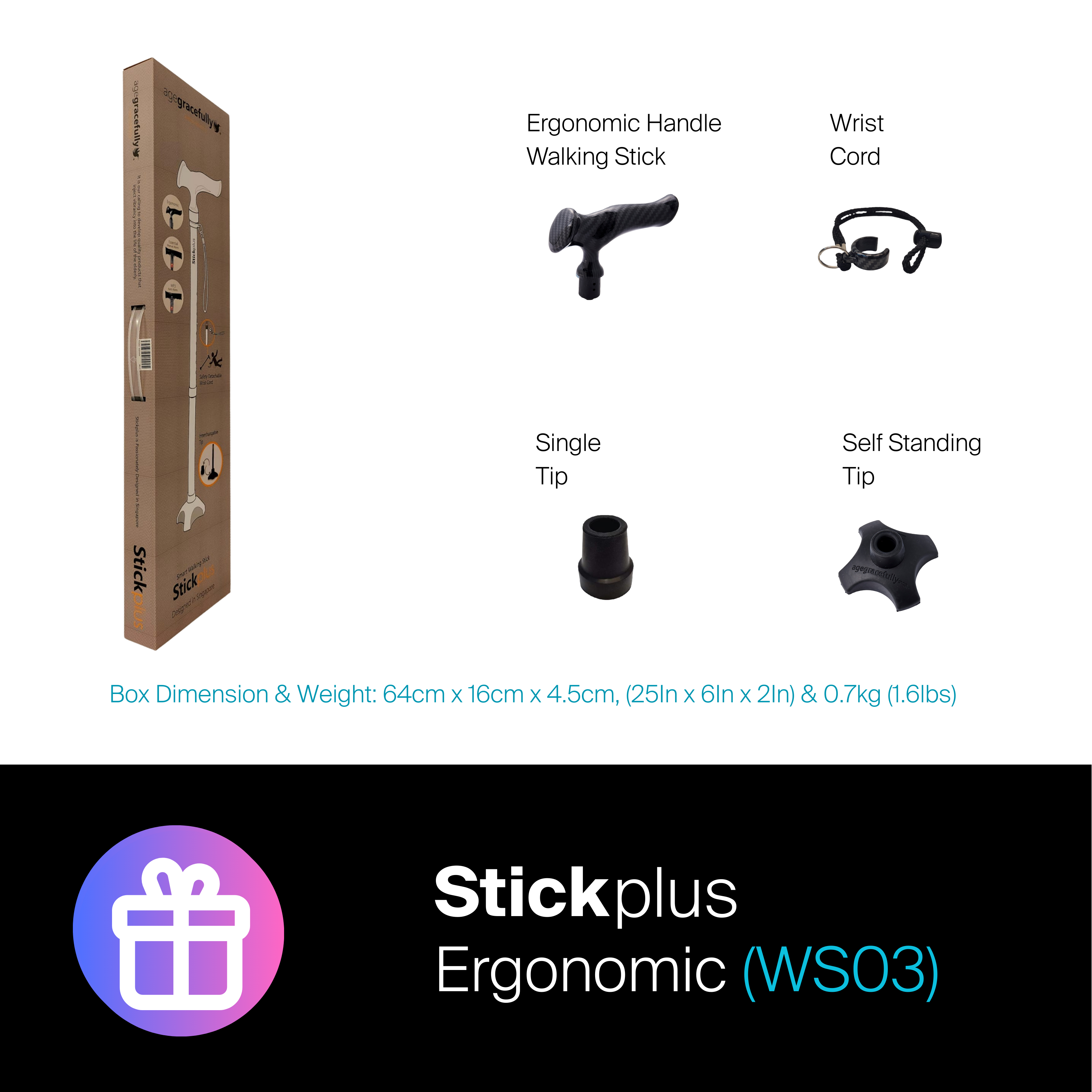Agegracefully Stickplus Ergonomic Smart Walking Stick Box Contents