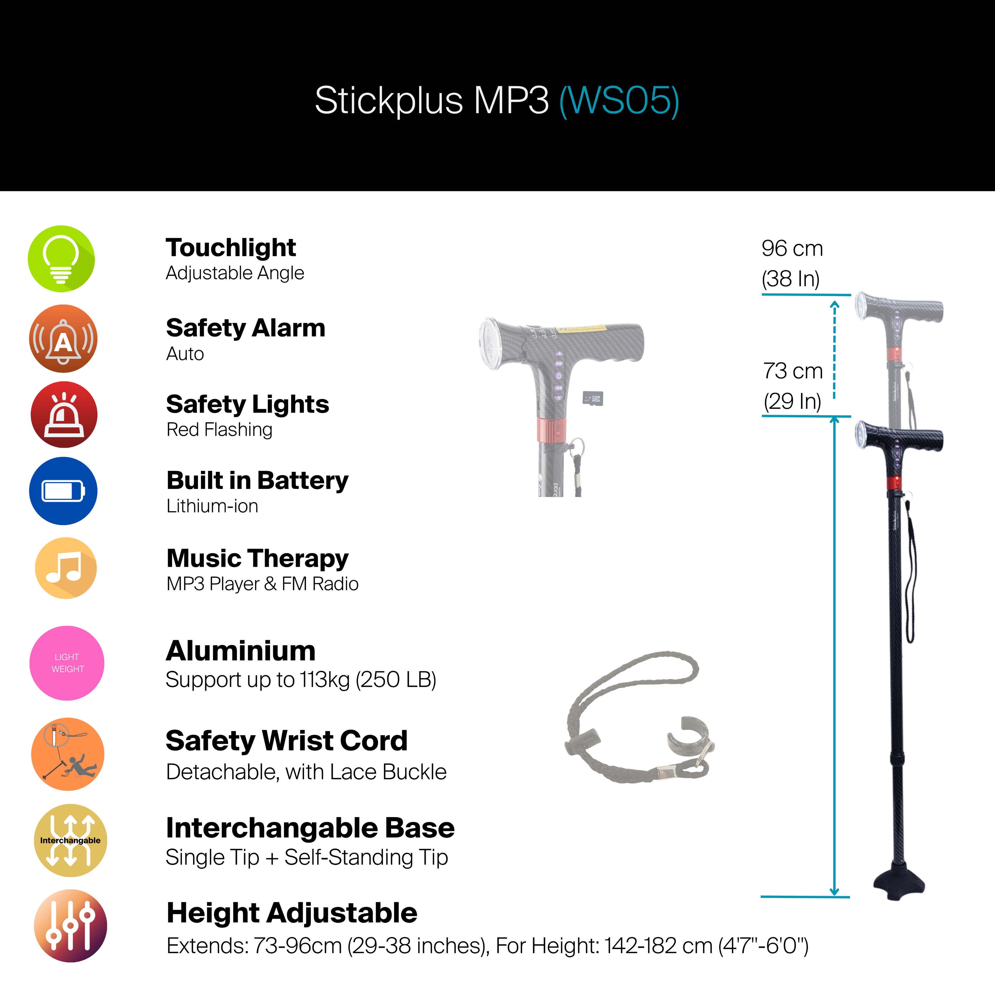 Agegracefully MP3 Smart Walking Stick Product Highlights