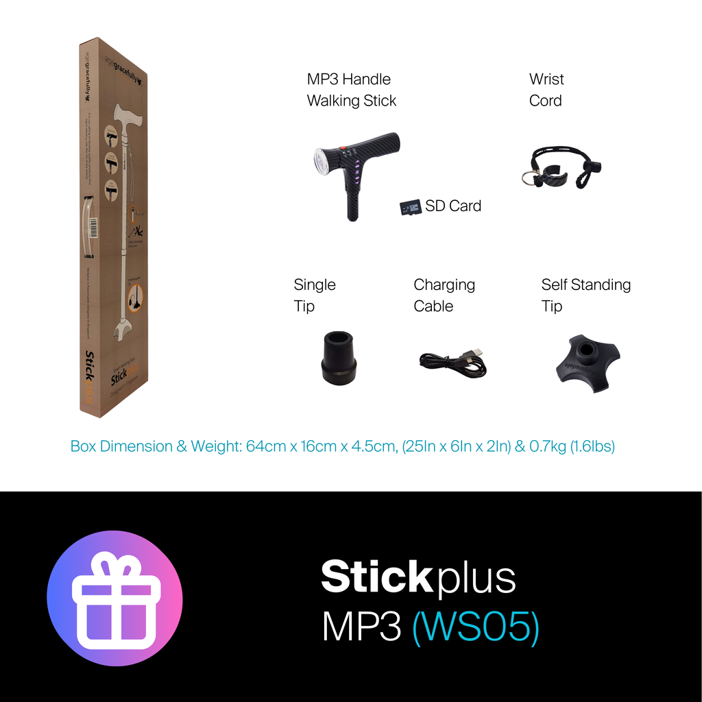 Agegracefully Stickplus MP3 Smart Walking Stick Box Contents