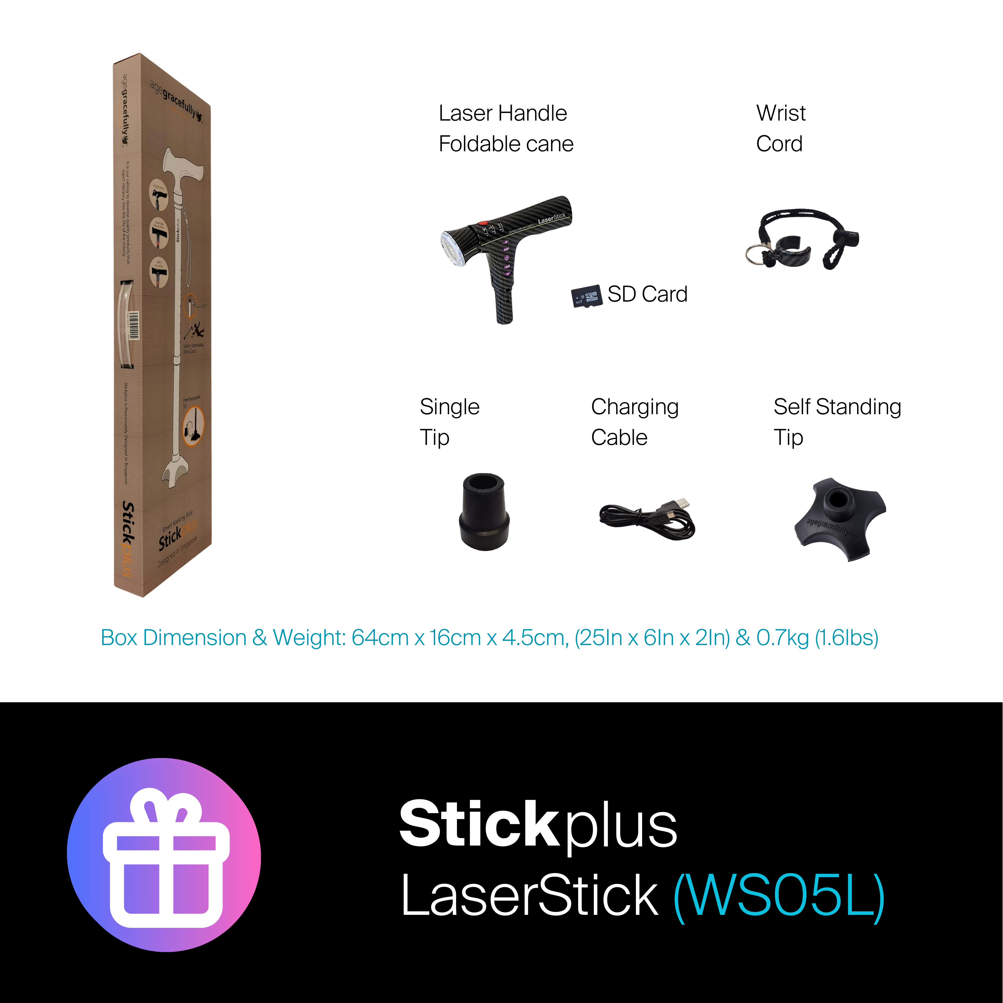 Agegracefully Stickplus LaserStick Smart Walking Stick Box Contents