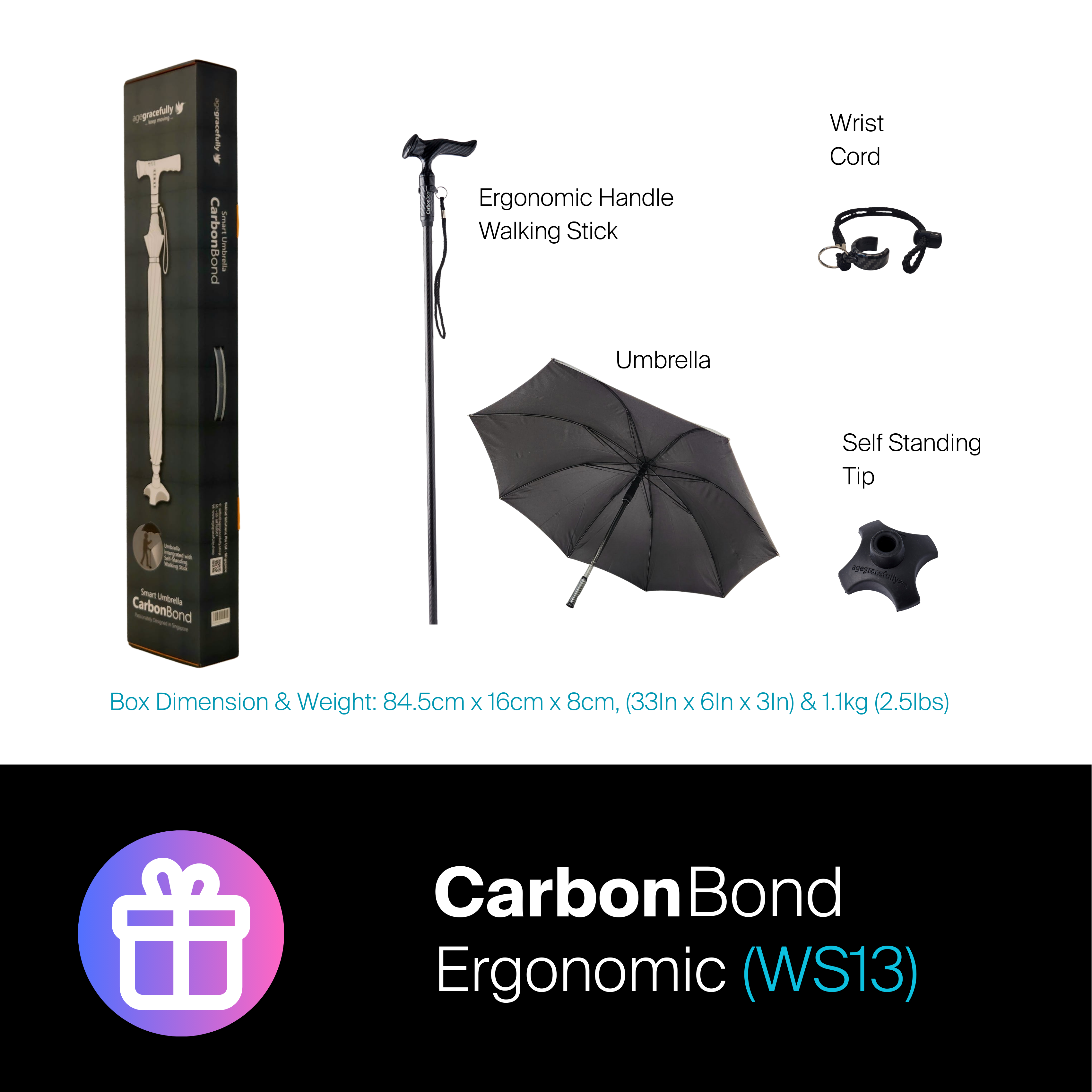 Agegracefully CarbonBond Ergonomic Smart Walking Stick with Umbrella Box Contents