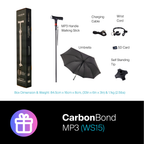 Agegracefully CarbonBond MP3 handle walking stick with accessories and packaging on a white background