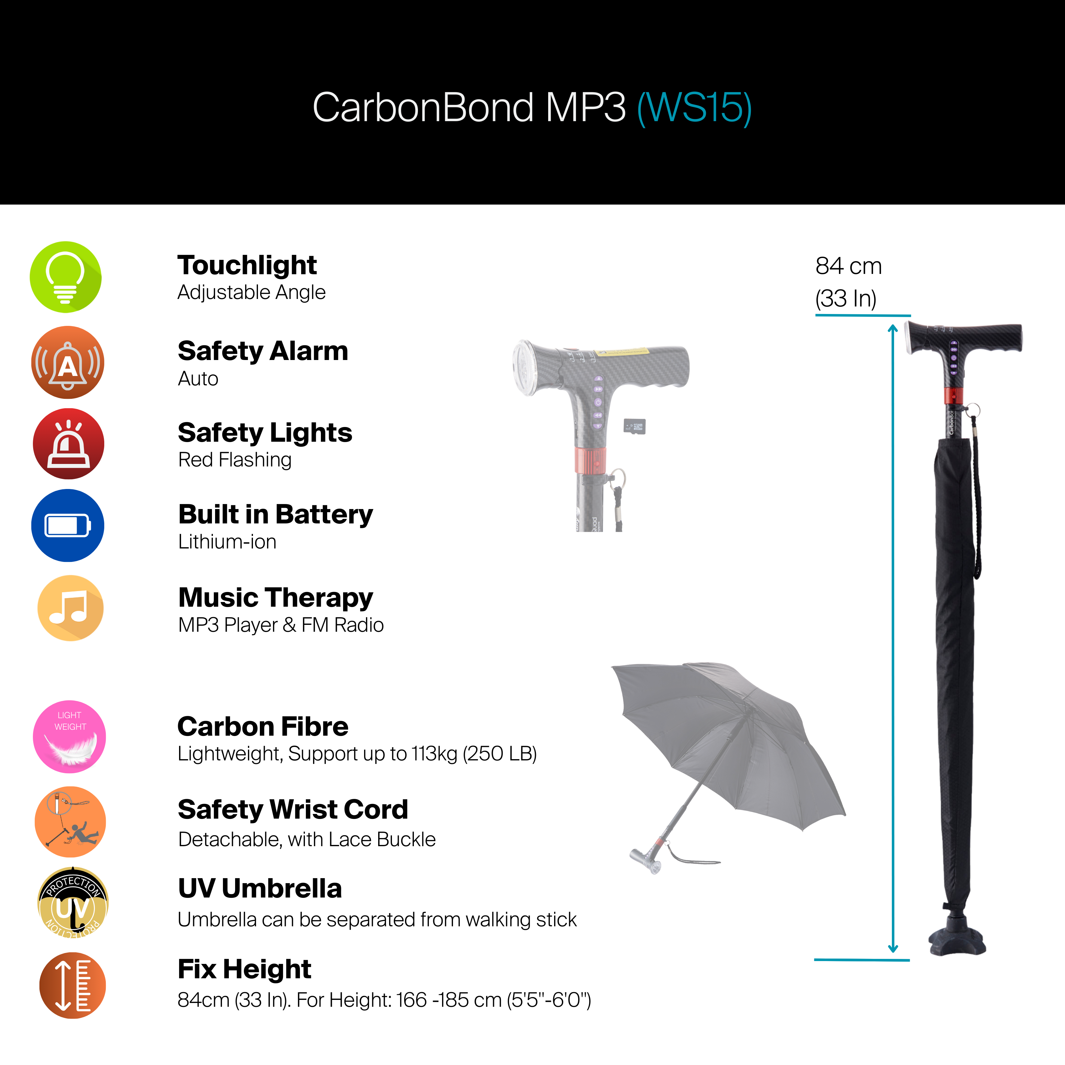 Agegracefully CarbonBond MP3 walking stick with umbrella attachment and feature list on a white background