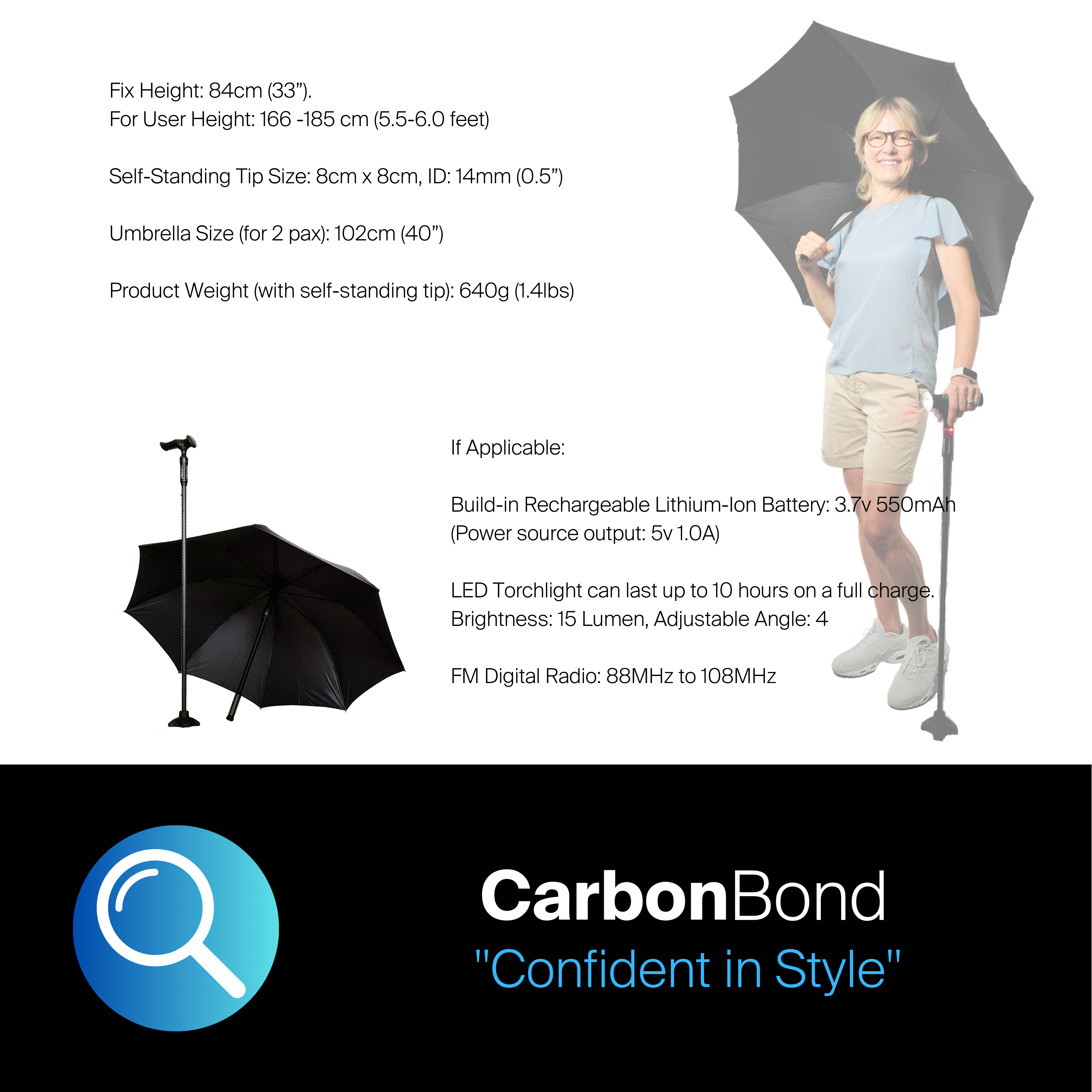 Umbrella with stand and person holding it, featuring Agegracefully CarbonBond Smart Walking Stick