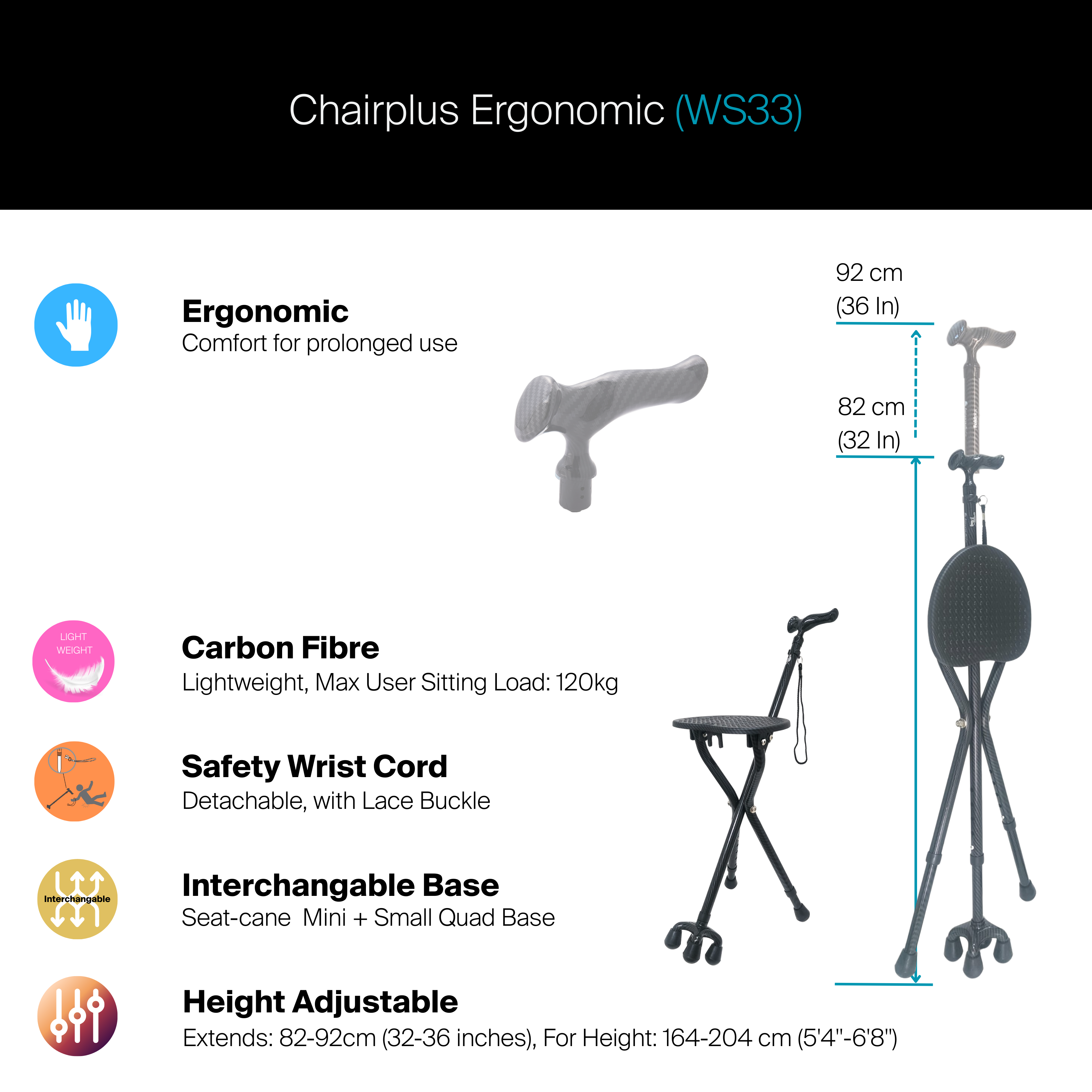 Agegracefully Chairplus Ergonomic Smart Walking Stick (WS33)