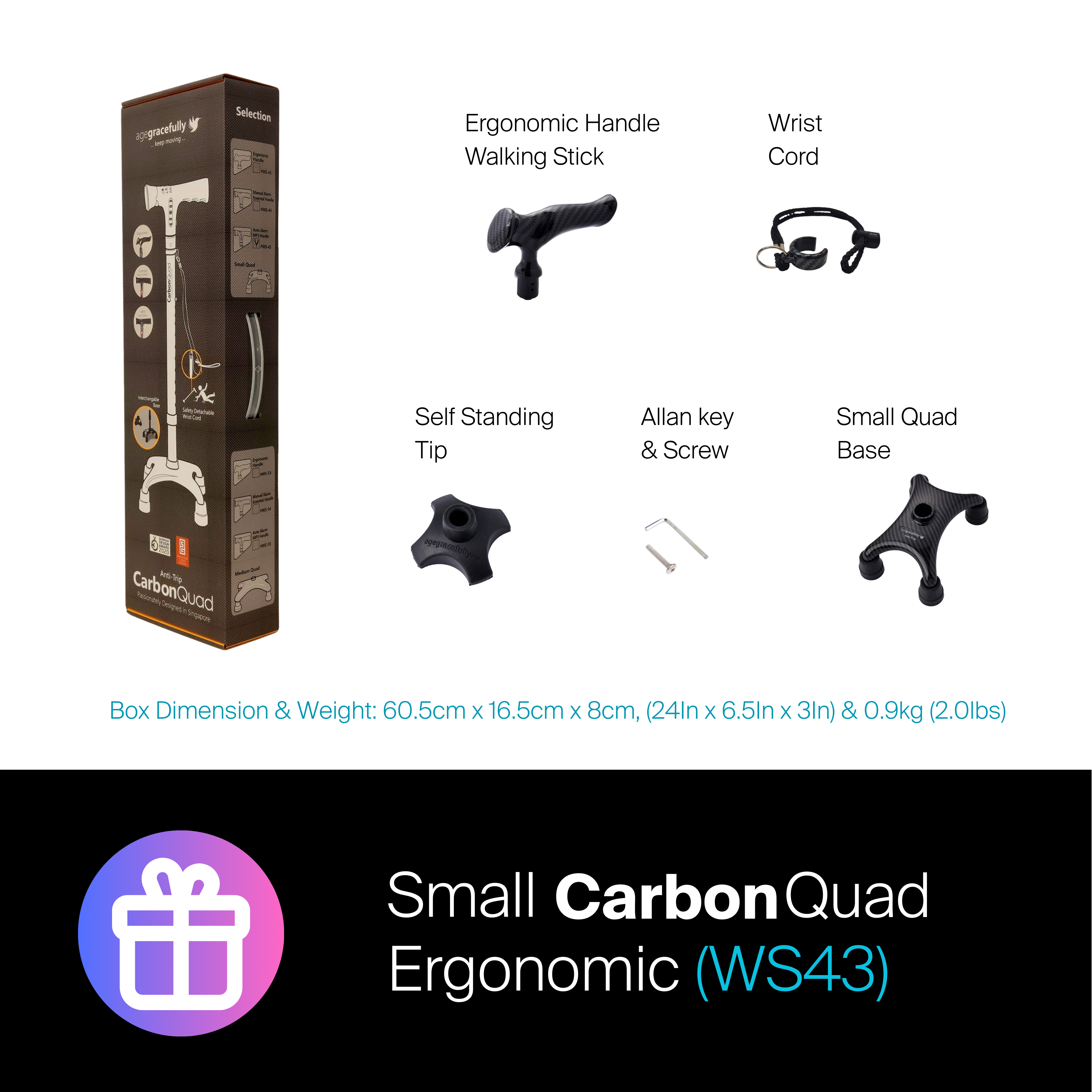 Agegracefully Ergonomic Small CarbonQuad Smart Walking Stick Box Contents