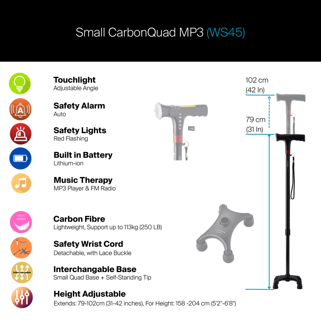 Agegracefully Small CarbondQuad MP3 Smart Walking Stick Product Highlights