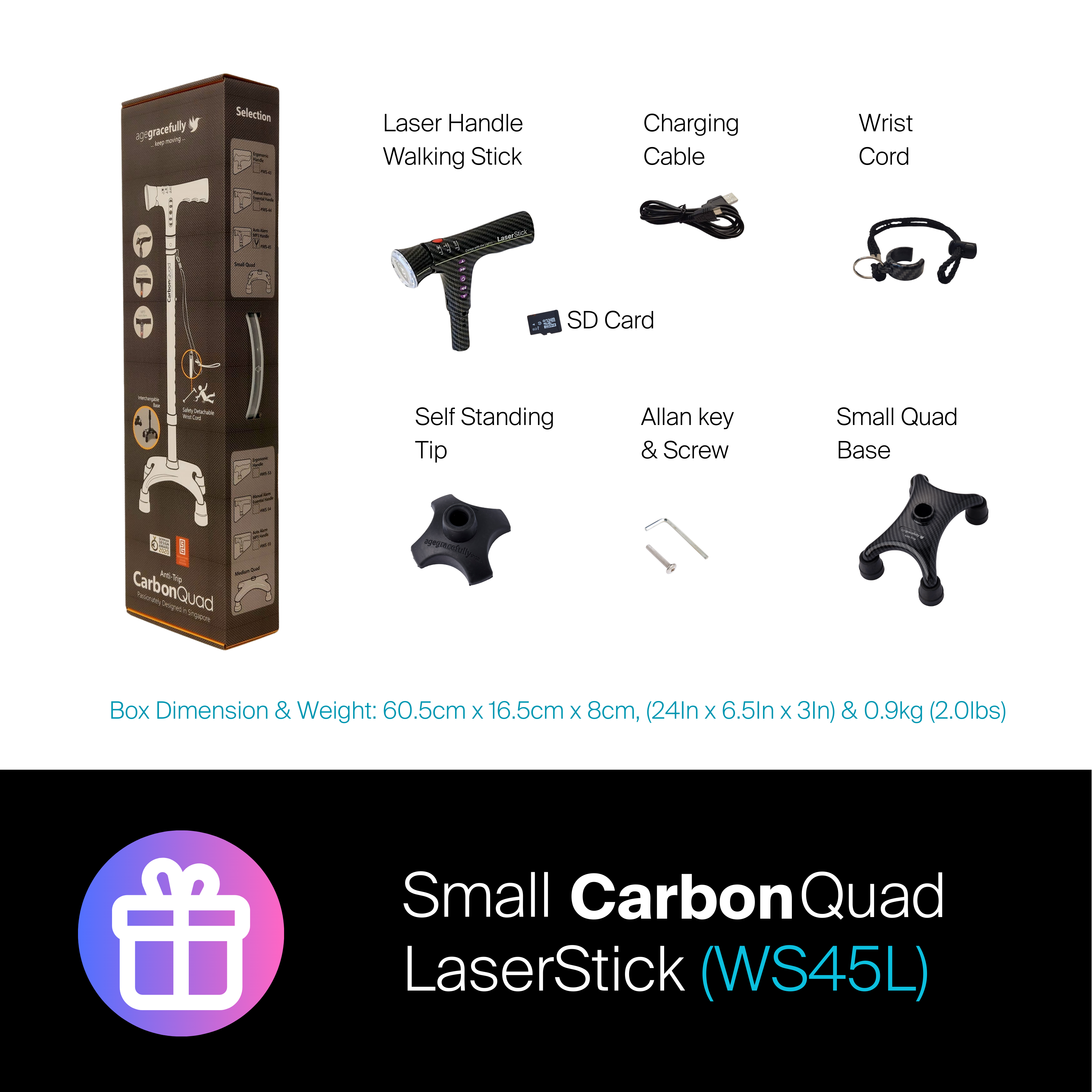 Agegracefully Smal -CarbonQuad LaserStick Smart Walking Stick Box Contents