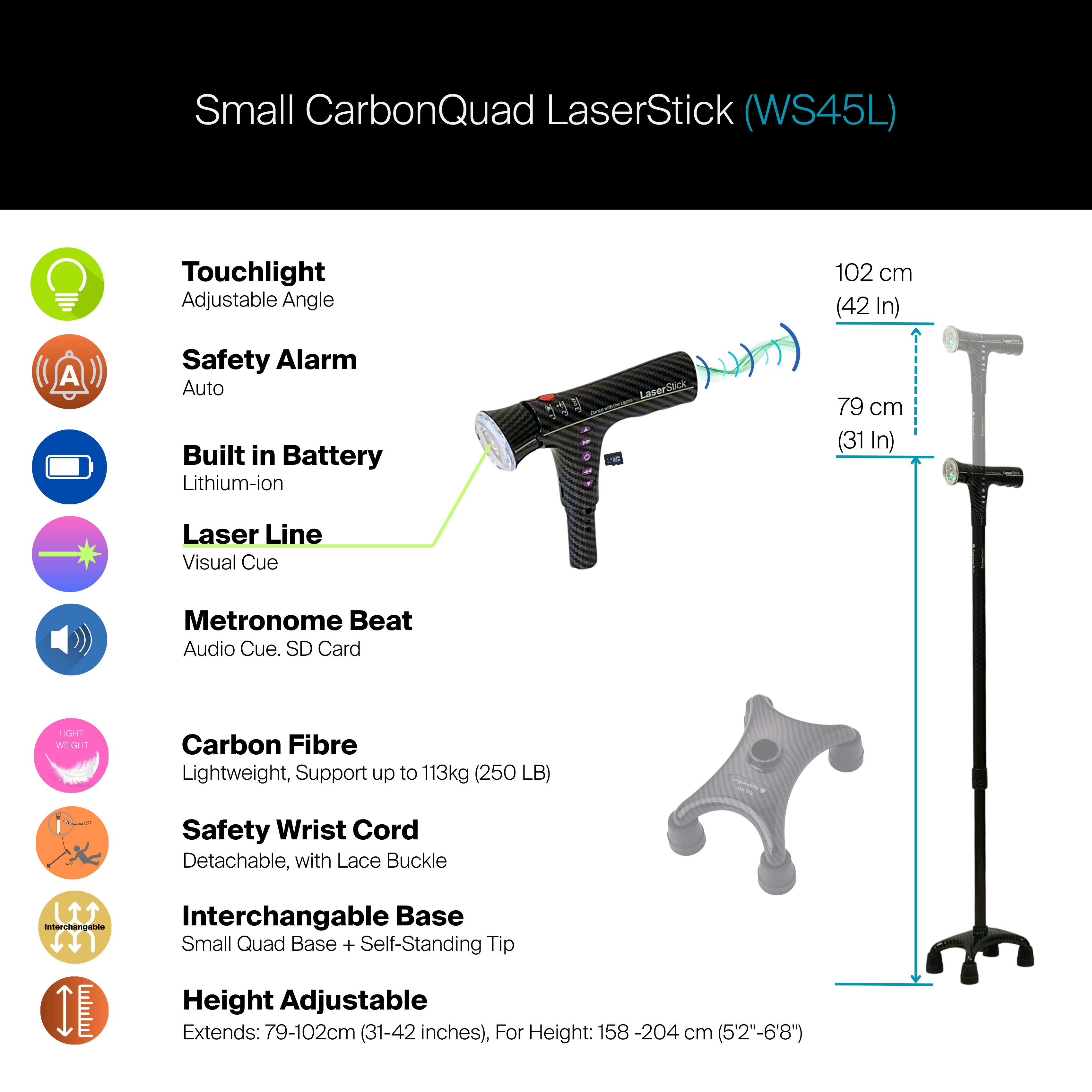 Agegracefully Small CarbonQuad LaserStick Smart Walking Stick (WS45L)