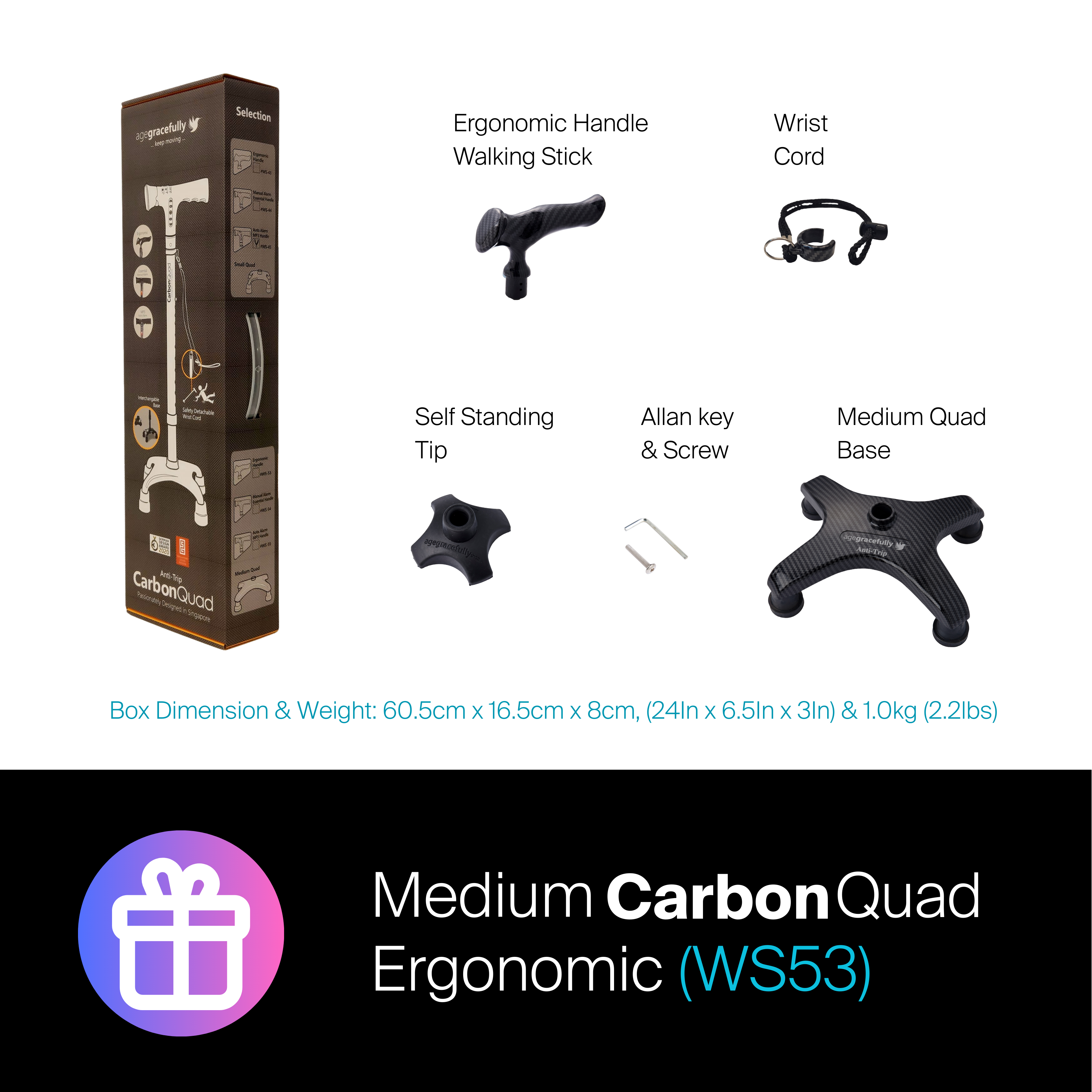Agegracefully Ergonomic Medium CarbonQuad Smart Walking Stick Box Contents