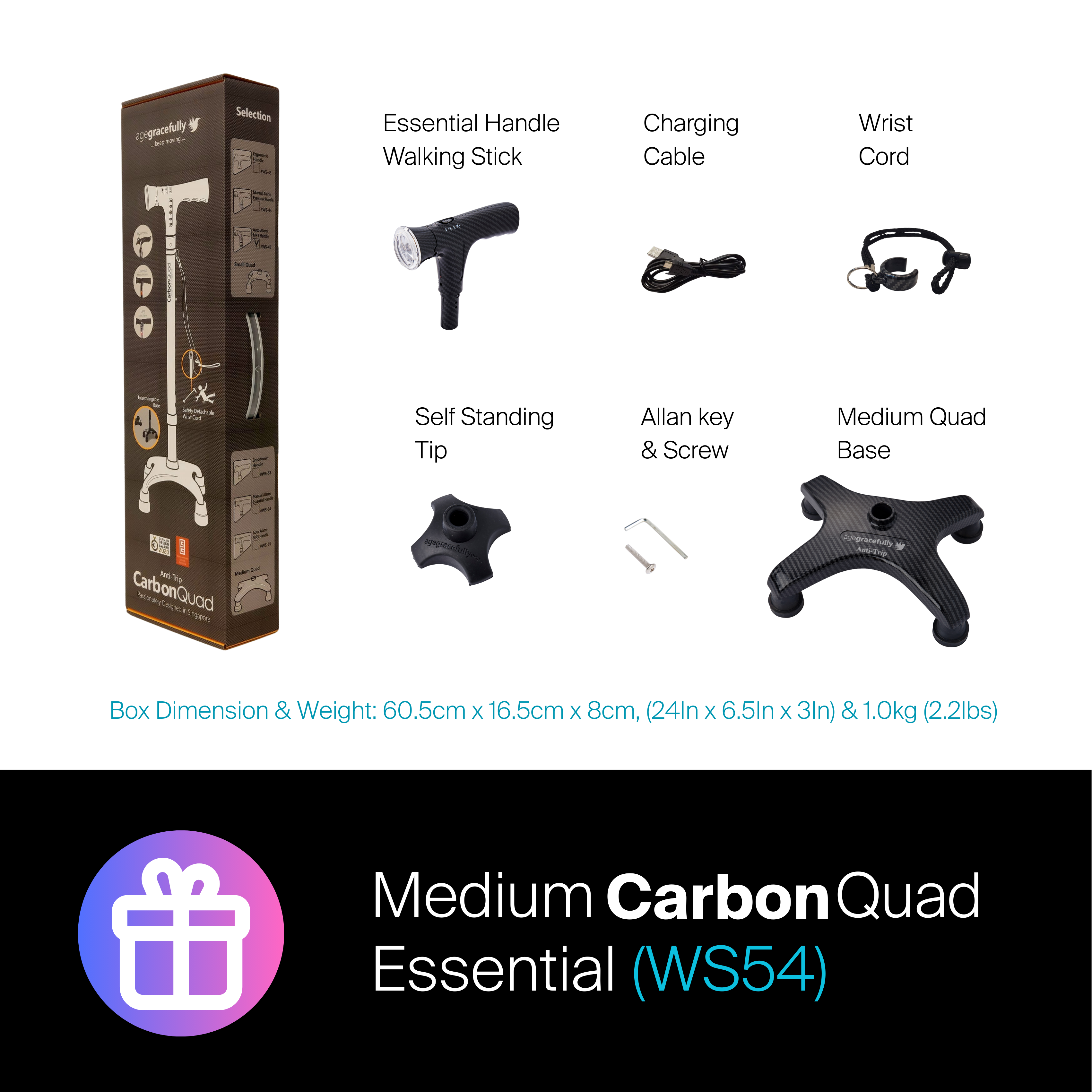 Agegracefully Essential Medium CarbonQuad Smart Walking Stick Box Contents