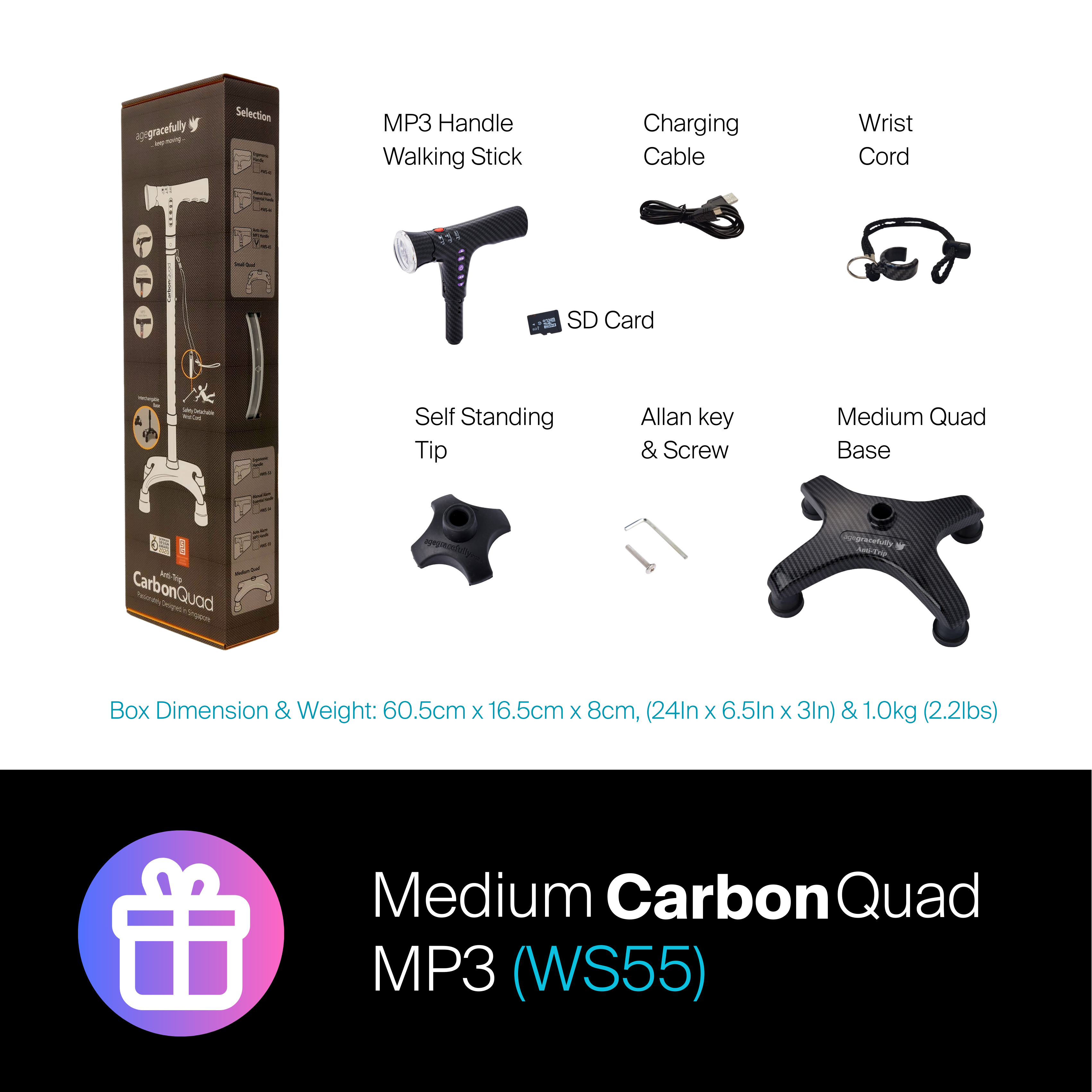 Agegracefully Medium CarbonQuad MP3 Smart Walking Stick Box Contents