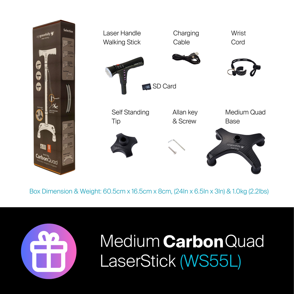 Agegracefully Medium CarbonQuad LaserStick Smart Walking Stick Box Contents