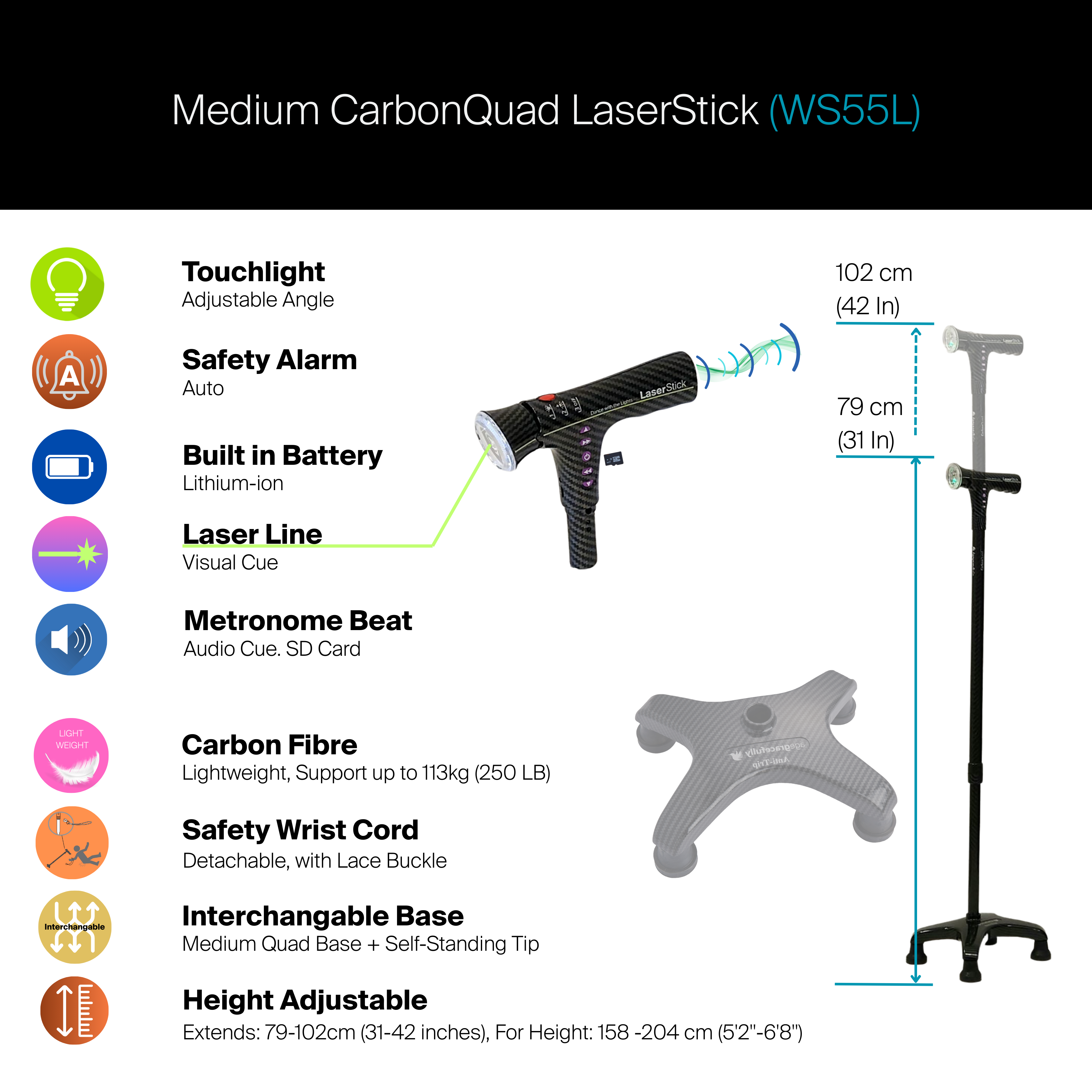 Agegracefully Medium CarbonQuad LaserStick Smart Walking Stick (WS55L)