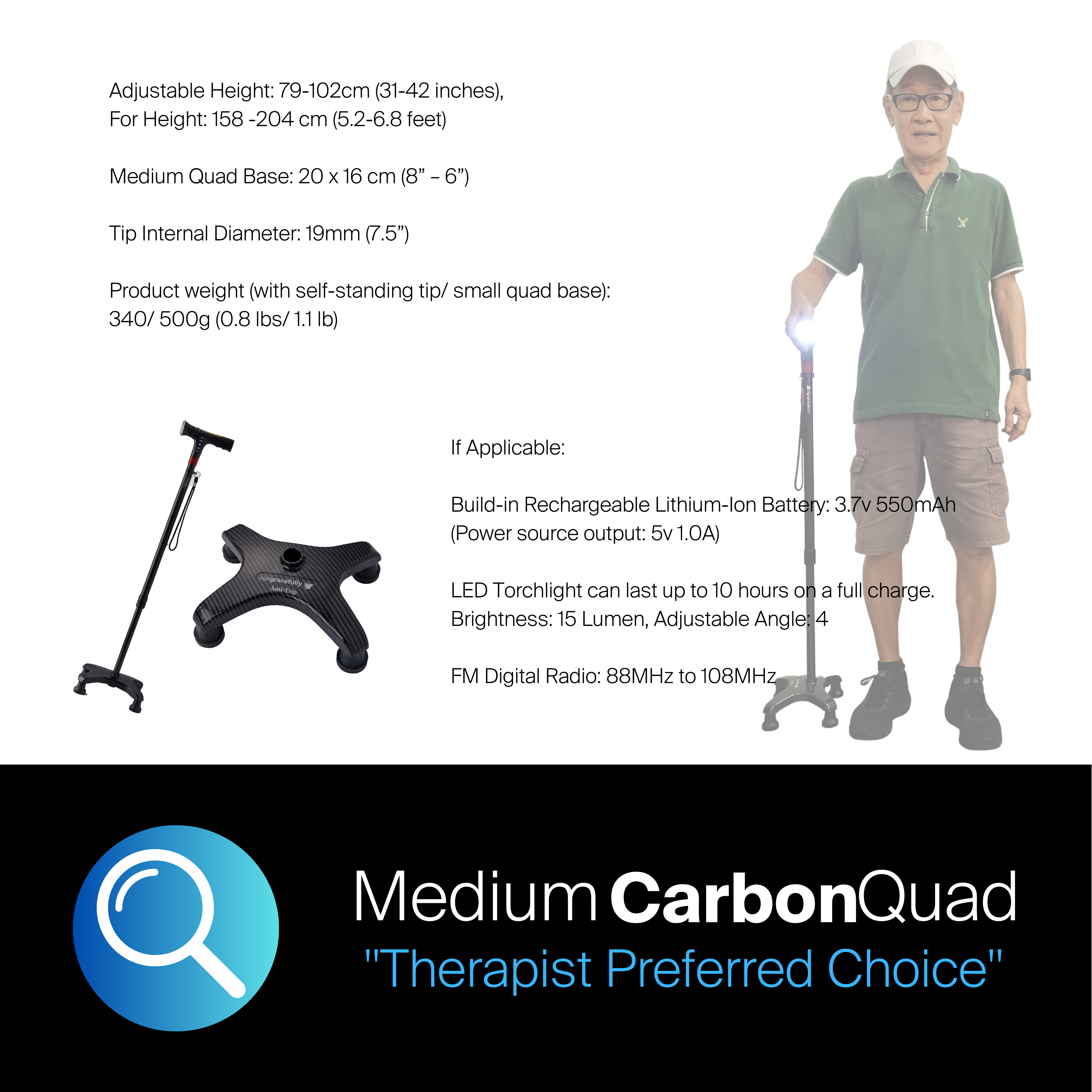 Agegracefully Medium Carbon Quad Smart Walking Stick Product Specification