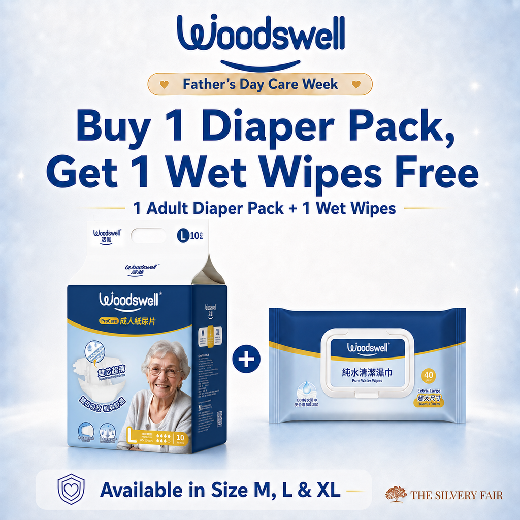Woodswell diaper pack and wet wipes with promotional text "Buy 1 adult diaper, Get 1 Free Wet wipes" Size L Adult Diaper on a light blue background