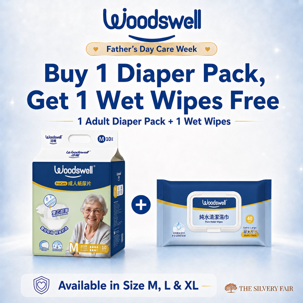 Woodswell diaper pack and wet wipes on a light blue background with promotional text "Buy 1 adult diaper, Get 1 Free Wet wipes" Size M Adult Diaper