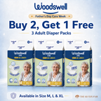 Woodswell adult diaper packs with promotional text  "Buy 2, Get 1 Free" Size M Adult Diaper  on a light blue background