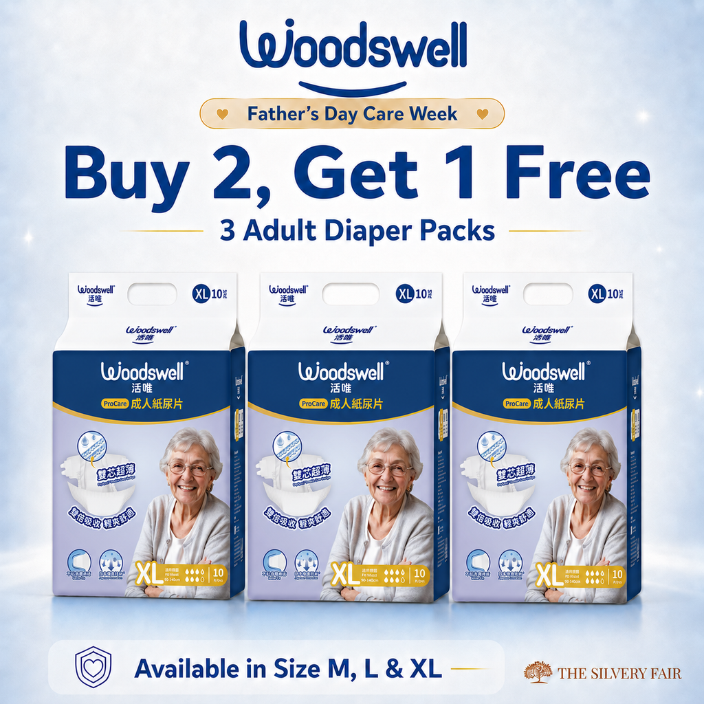 Woodswell adult diaper packs with promotional text  "Buy 2, Get 1 Free" Size XL Adult Diaper on a light blue background