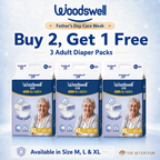 Woodswell adult diaper packs with promotional text  "Buy 2, Get 1 Free" Size XL Adult Diaper on a light blue background