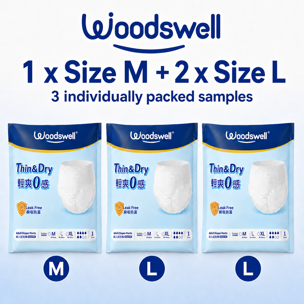 Three packs of Woodswell Thin & Dry Adult Diaper Pants shown in sizes M and L, with text indicating 1 x Size M + 2 x Size L and 3 individually packed samples on a light blue background.