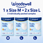 Three packs of Woodswell Thin & Dry Adult Diaper Pants shown in sizes M and L, with text indicating 1 x Size M + 2 x Size L and 3 individually packed samples on a light blue background.